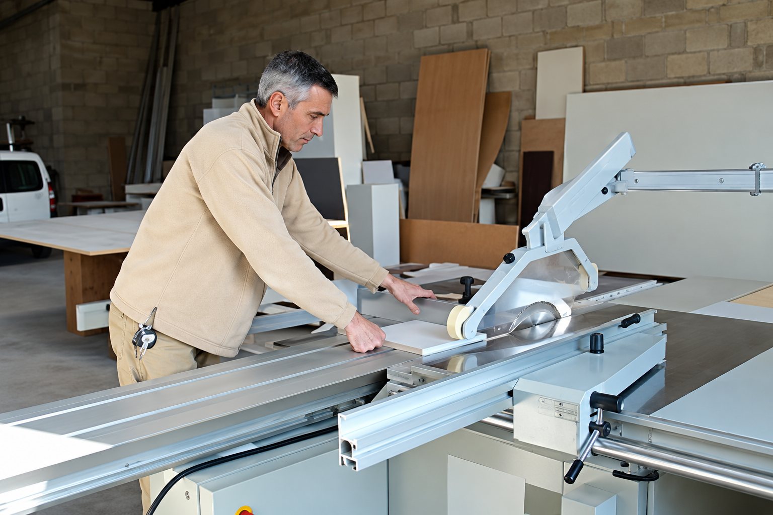 Un homme en veste beige découpe un panneau blanc sur une scie à format dans un atelier de menuiserie.